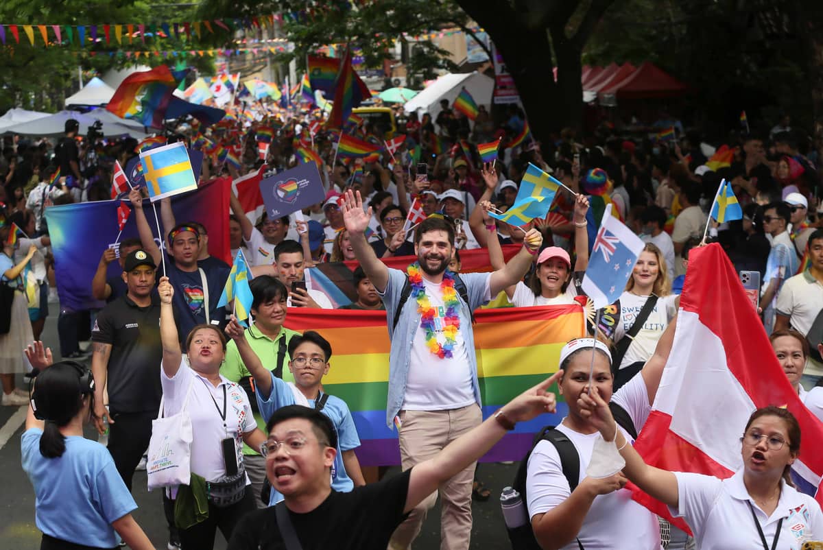 (June 22 2024)………On Saturday, June 22, 2024, Quezon City Mayor Joy Belmonte with ambassador from Different country, and Thousands of LGBTQIA+ members join the Love Laban Pride March 2024 held in Quezon City  the "Love Laban 2 Everyone!" Pride PH Festival 2024. which will honor members of the LGBTQ+ community and call for the passage of the SOGIE (sexual orientation, gender identity, and expression) equality bill.………..Photo/Analy Labor
